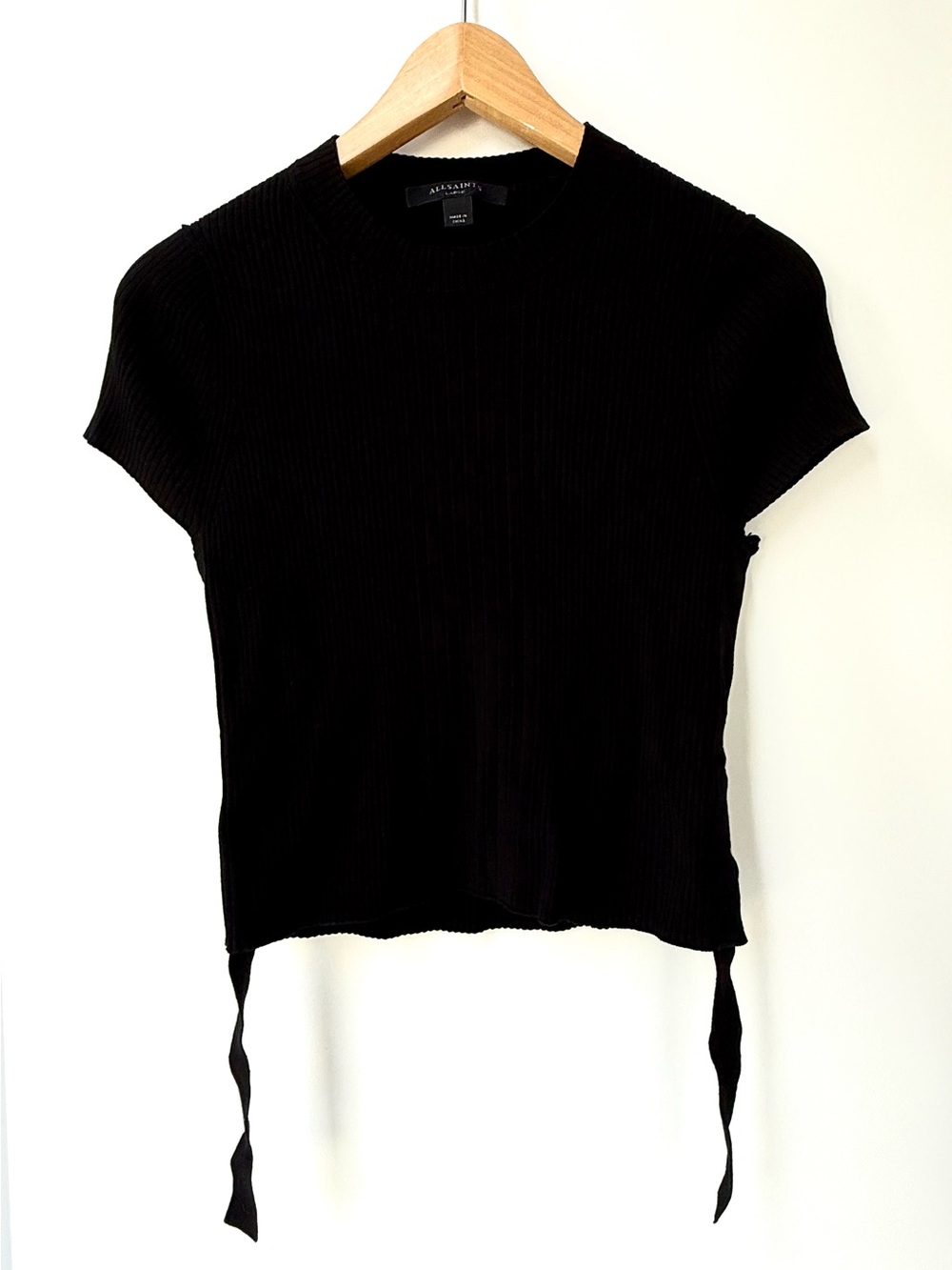 All Saints Black Ribbed Short-Sleeve Tie-Hem Top